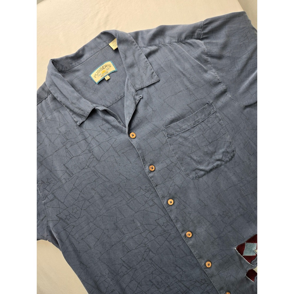 Pusser's Island Style 100% Silk Shirt L Blue Nautical Embroidered‎ Signal Flags